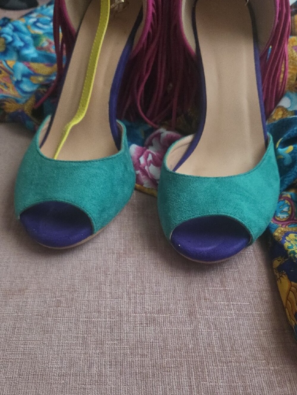 Women’s Multicolor Suede Fringe Peep-Toe Heels - Picture 4 of 4